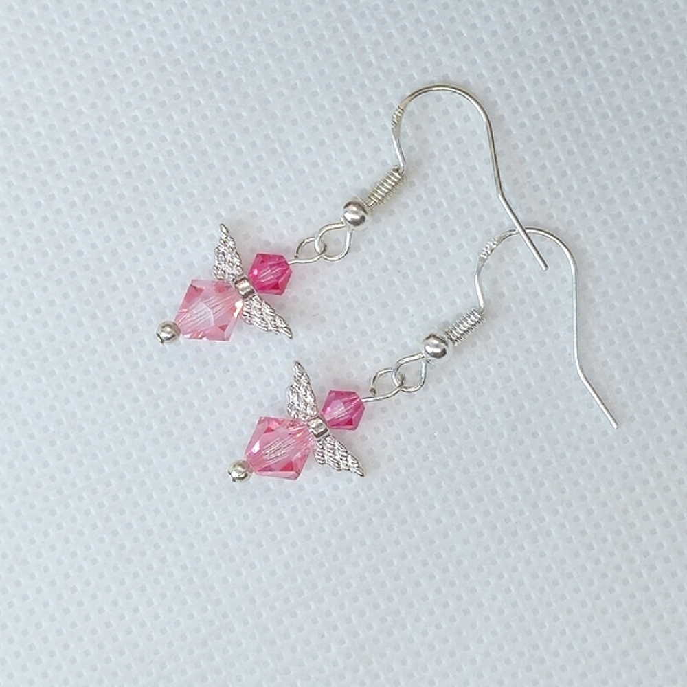 Handmade Pink AB Crystal Guardian Angel Sterling Silver Earrings Handmade by me! - Picture 6 of 14